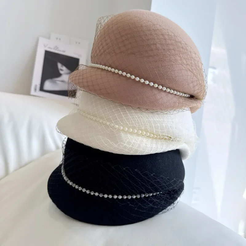 Hepburn Wind after the pleated fisherman hat High quality Australian wool top hat Fashion French mesh pearl chain beret