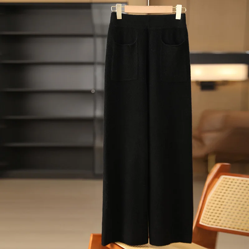 

Women's pure cashmere autumn and winter high-waist knitted wide-leg pants with elastic waist and long straight-leg floor-length