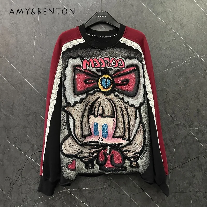 

Popular New Cartoon Little Girl Color Block Crew Neck Sweatshirt Women Loose Casual Versatile Youthful Top 2025 Autumn Sudaderas