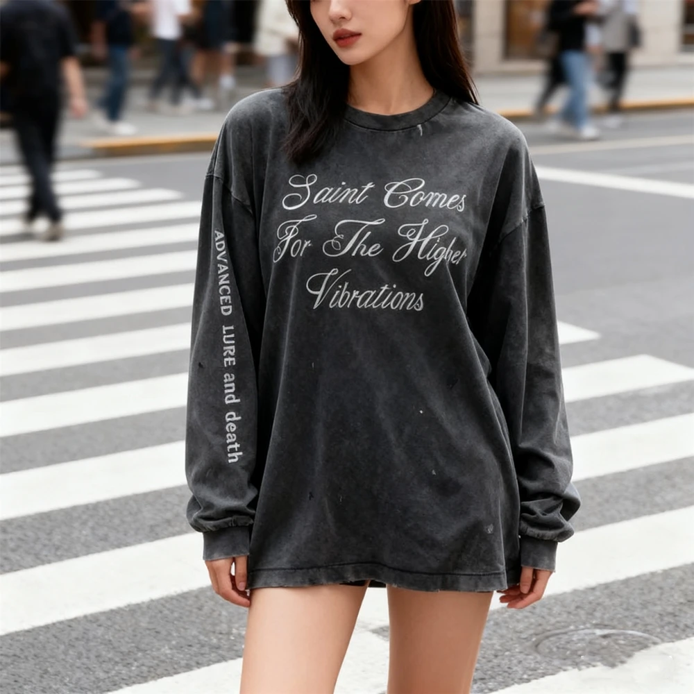 KUCLUT 1:1 Fashion Hole Tops Vintage Clothing Casual Oversize Long Sleeves Tee Loose 100%Cotton T Shirt Men Woman