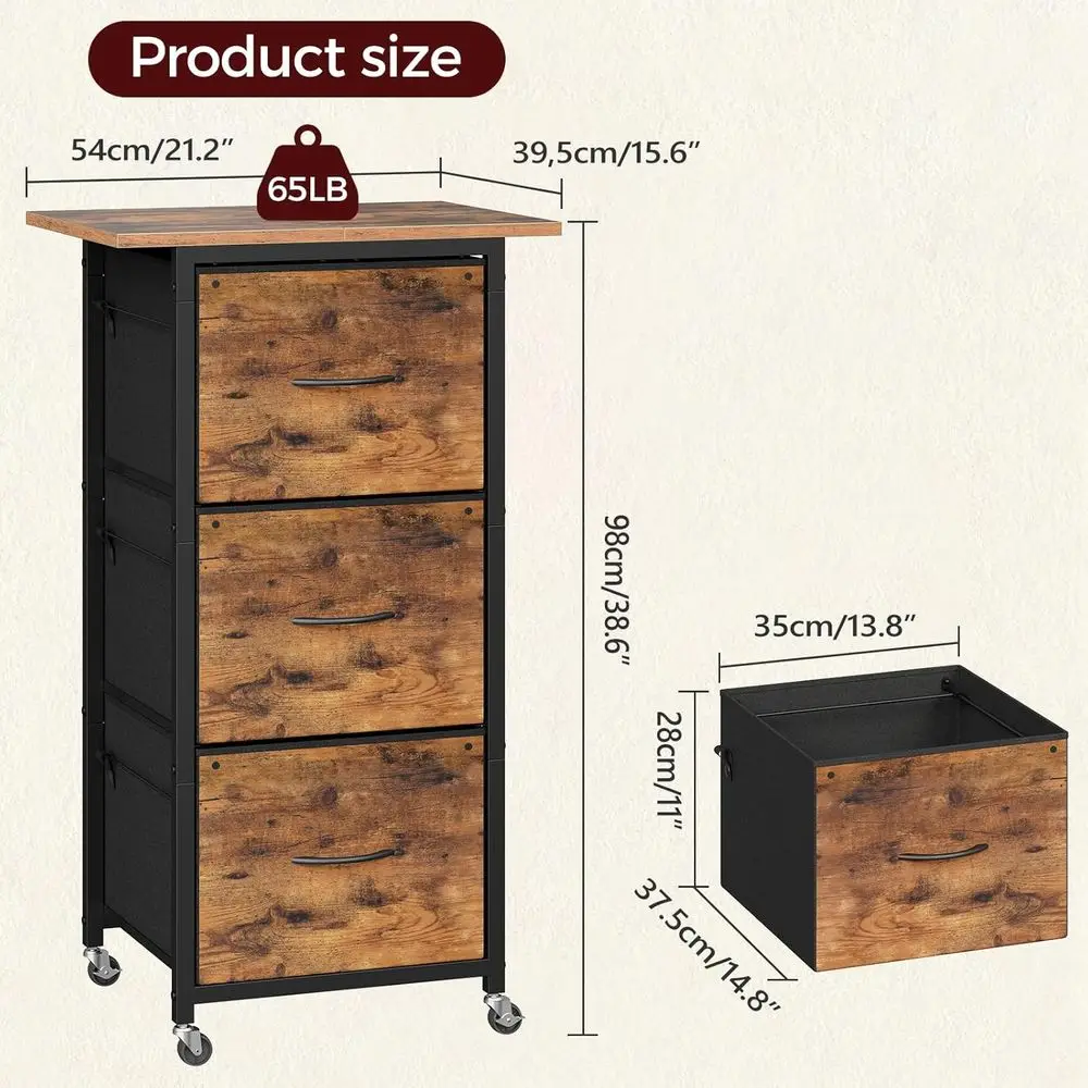 Vertical 3-Drawer File Cabinet with Wheels, Printer Stand, Adjustable Rods, A4/Letter, Home Office, Rustic Brown & Black