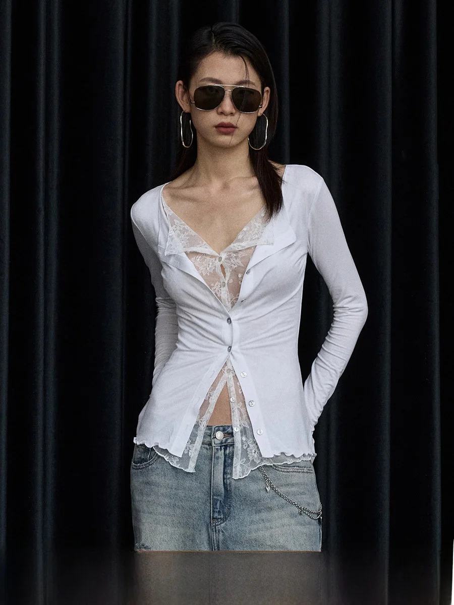 

Ourhour Lace Patchwork Slim Fit Long Sve Open Cardigan Women's Autumn Design Sense Top Pure Color Commute Sle T-irt