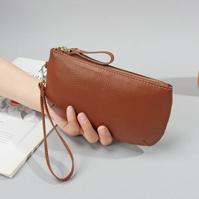 Genuine Leather Womens Long Wallet Zipper Coin Purse Female Clutch Lady Multi-function Phone Bag Cowhide Wrist Bag Commuting