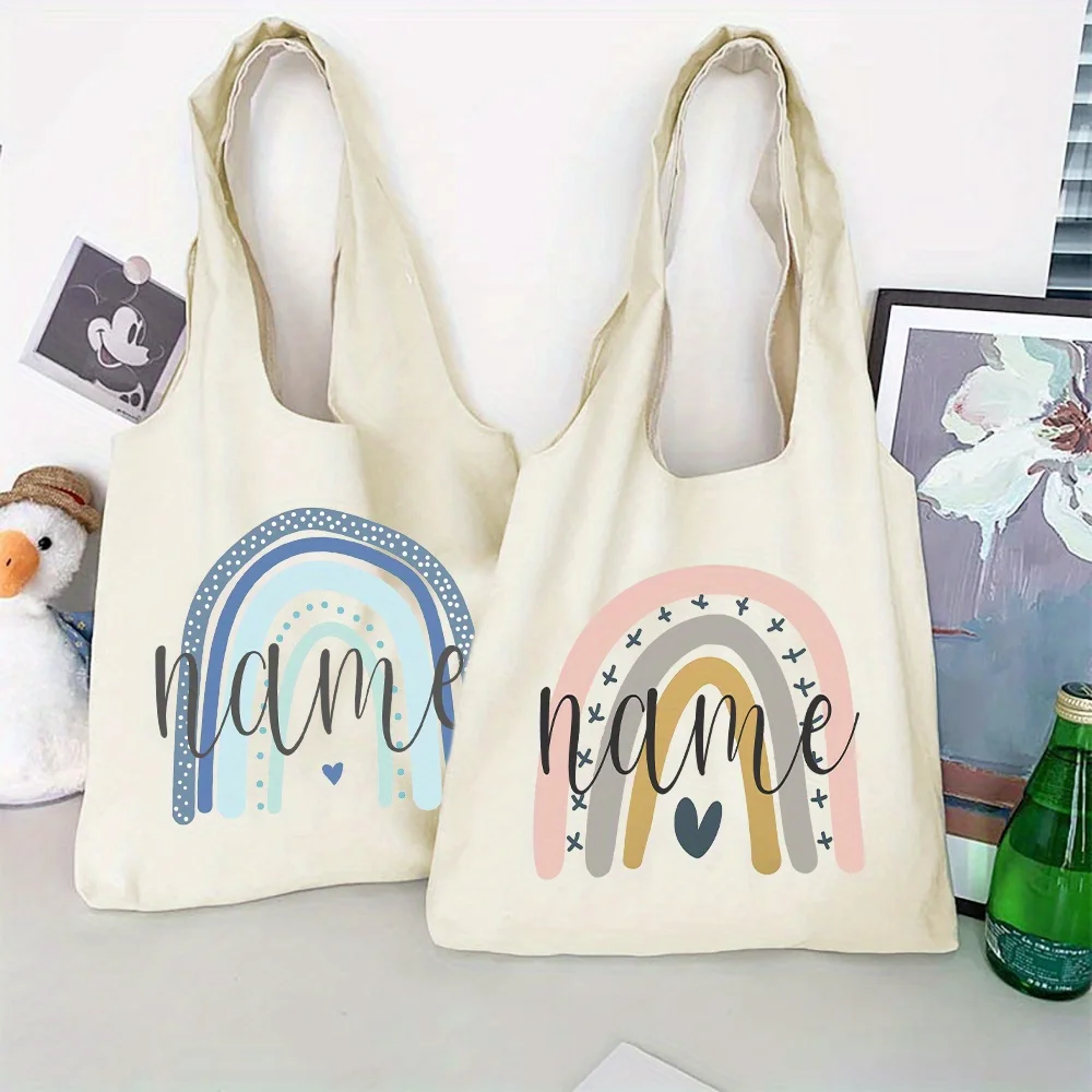 One Custom Canvas Tote Bag Featuring a Rainbow Design, Personalized with a Name.Excellent Gift Choice for Teacher'S Day