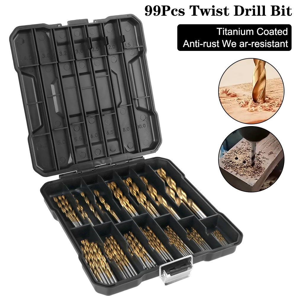 

Сверла, инструменты для сверления отверстий, набор спиральных сверл 1/4 "-1/16", высокоскоростная сталь с титановым покрытием, 99 шт., защита от ржавчины и износа