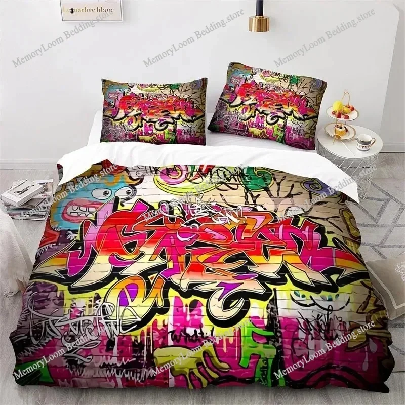 Graffiti Hip Hop Modern Street Art Bedding Set Boys Girls Twin Queen Size Duvet Cover Pillowcase Bed Kids Adult