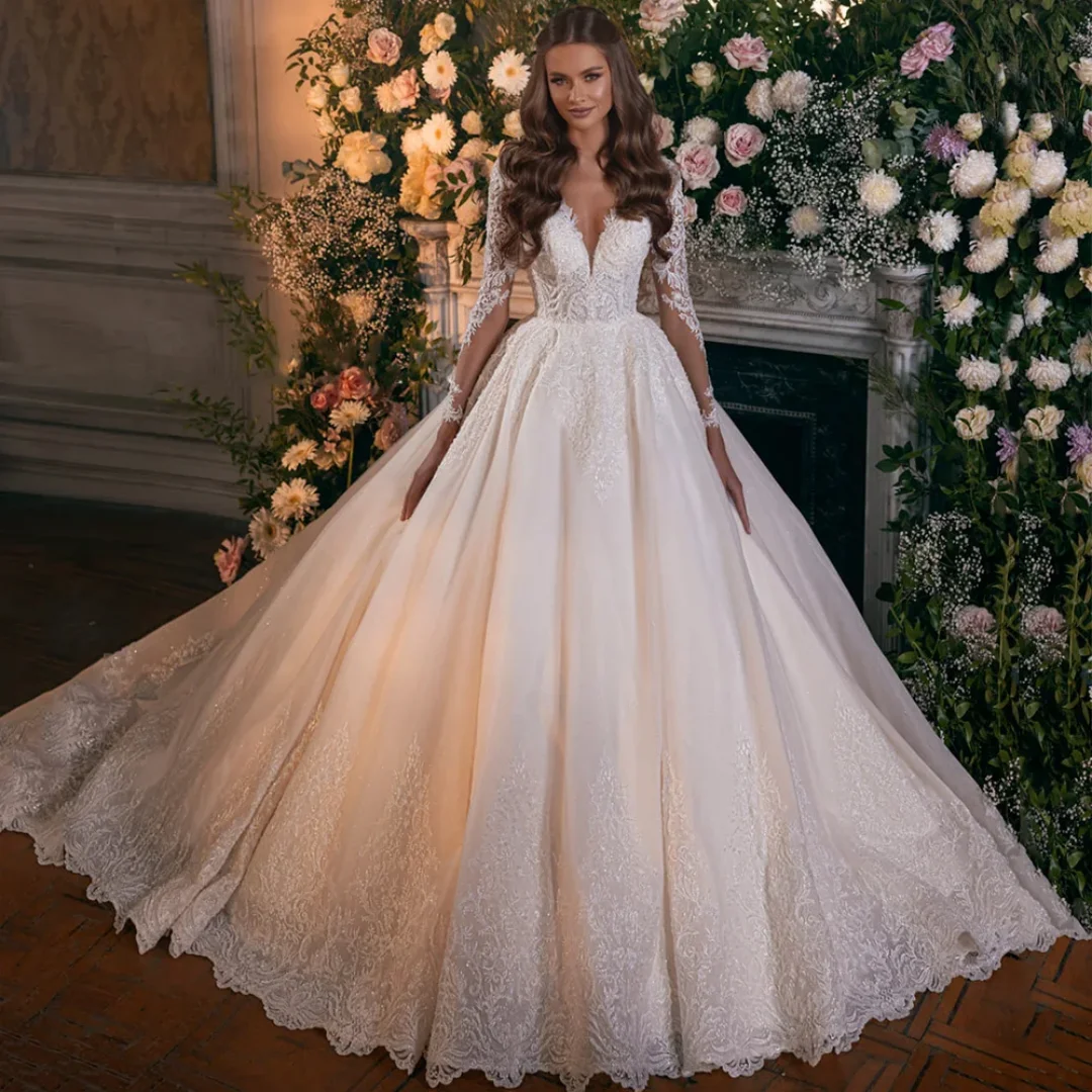 Suknia ślubna szyta na miarę, elegancka, z długim rękawem, dekoltem w serek, aplikacjami z cekinów, fason A-line, błyszcząca suknia dla panny młodej, Vestido De Noi