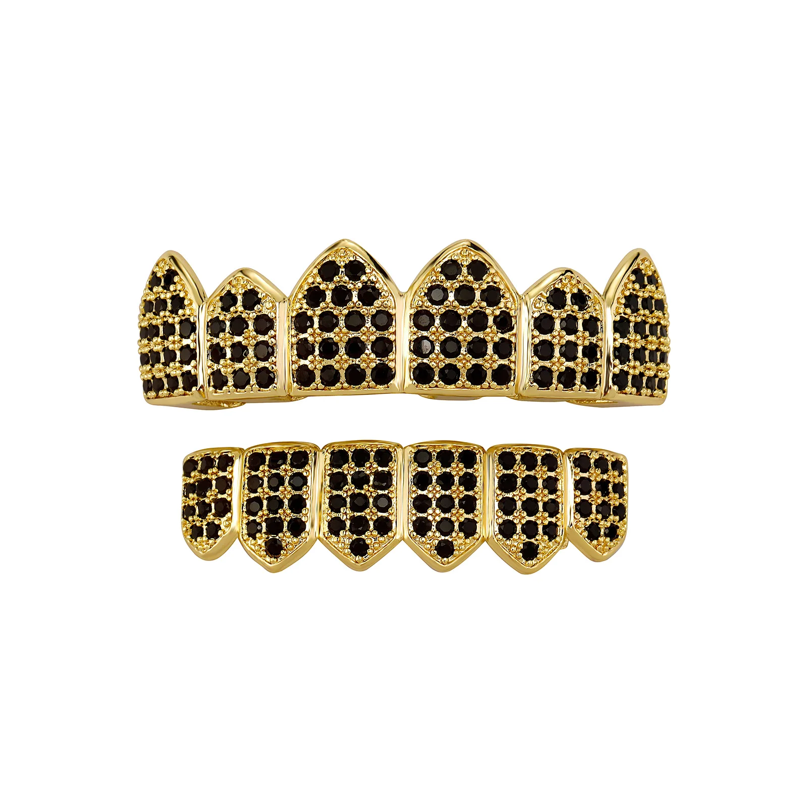 TOPGRILLZ Hip Hop Grillz Teeth Caps Gold Color Plated Luxury Micro Pave CZ Stones Top & Bottom Teeth Grills Set For Halloween