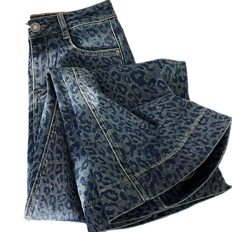 American Retro Leopard Print Jeans Loose and Versatile Trousers Tide Women's New Autumn  Winter Heavy Industry Casual Pants Ins