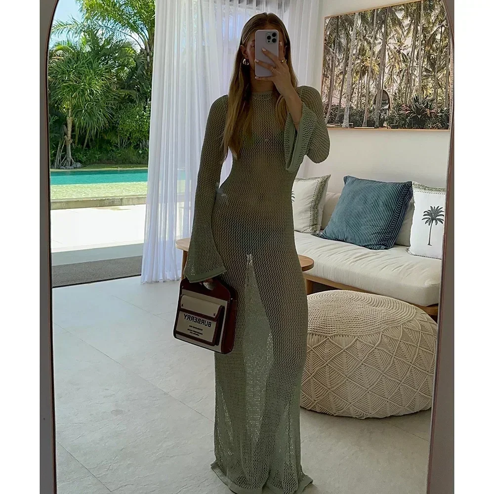 2025 Beach Cover Up Crochet Tunic Bikini Cover-ups Long Sleeve Sexy Hollow Out See Through Maxi Knit Dress Women Summer Outfits