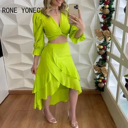 Women Solid Elegant Three Quarter Lantern Sleeves Cascading Ruffles Criss Cross Crop Top Maxi Skirt Sets