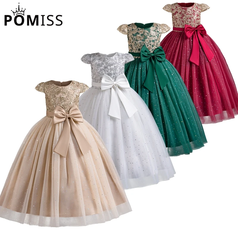 Teens Birthday Party Gown Sequin Bow Princess Dress Graduation Ceremony Banquet Wedding Long Appliques Dress Children\'s Clothing