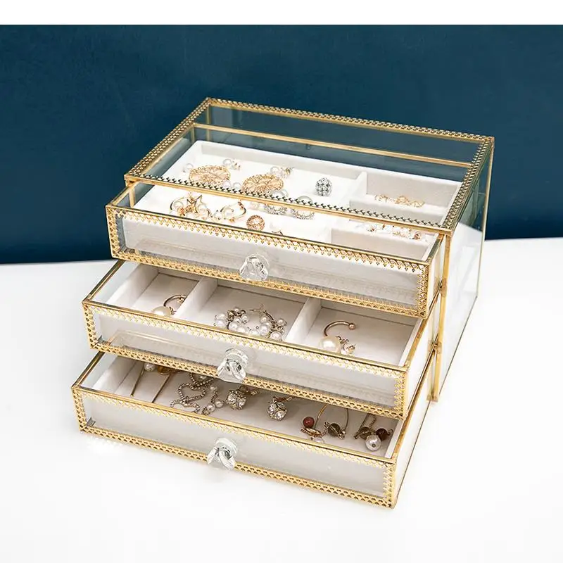 

Multilayer Glass Jewelry Box Dust-proof Storage Rectangular Organizer Earring Necklace Ring Tray