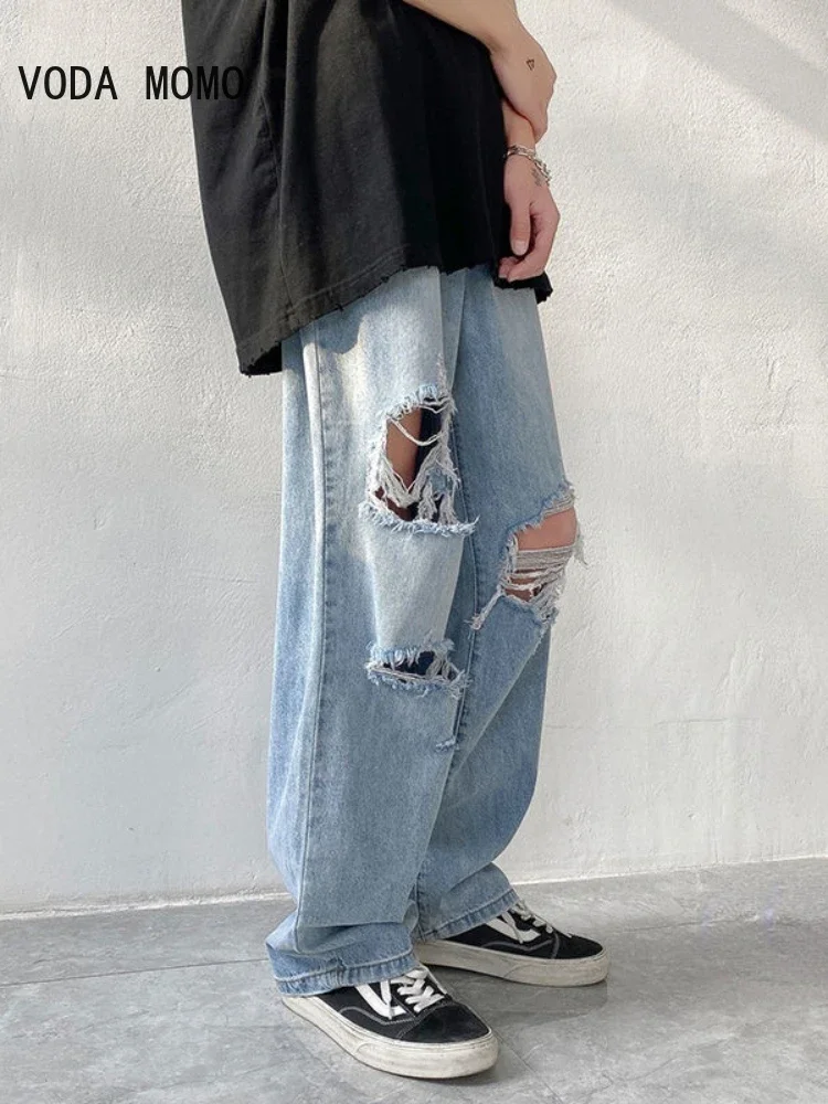 

Летние свободные мужские джинсы для мужчин Уличная одежда Корейский дизайнер Обычные потертые джинсовые узкие брюки Homme Брюки с дырками в стиле хип-хоп