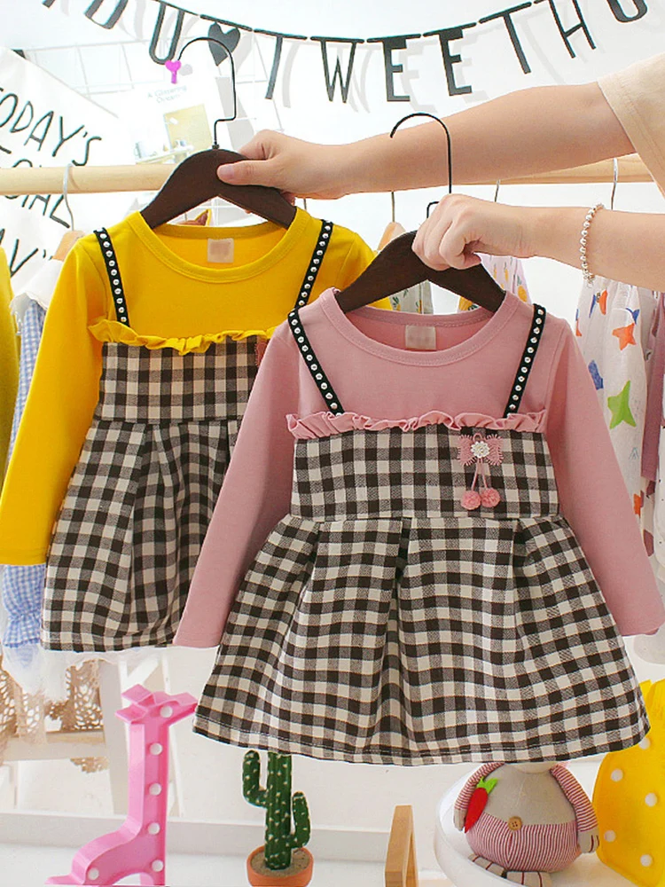 

Girls Autumn Plaid Fake Two-piece Dress Baby Girl 0-3 Years Old Children's Foreign Princess Dresses Kids Korean Baby Clothes