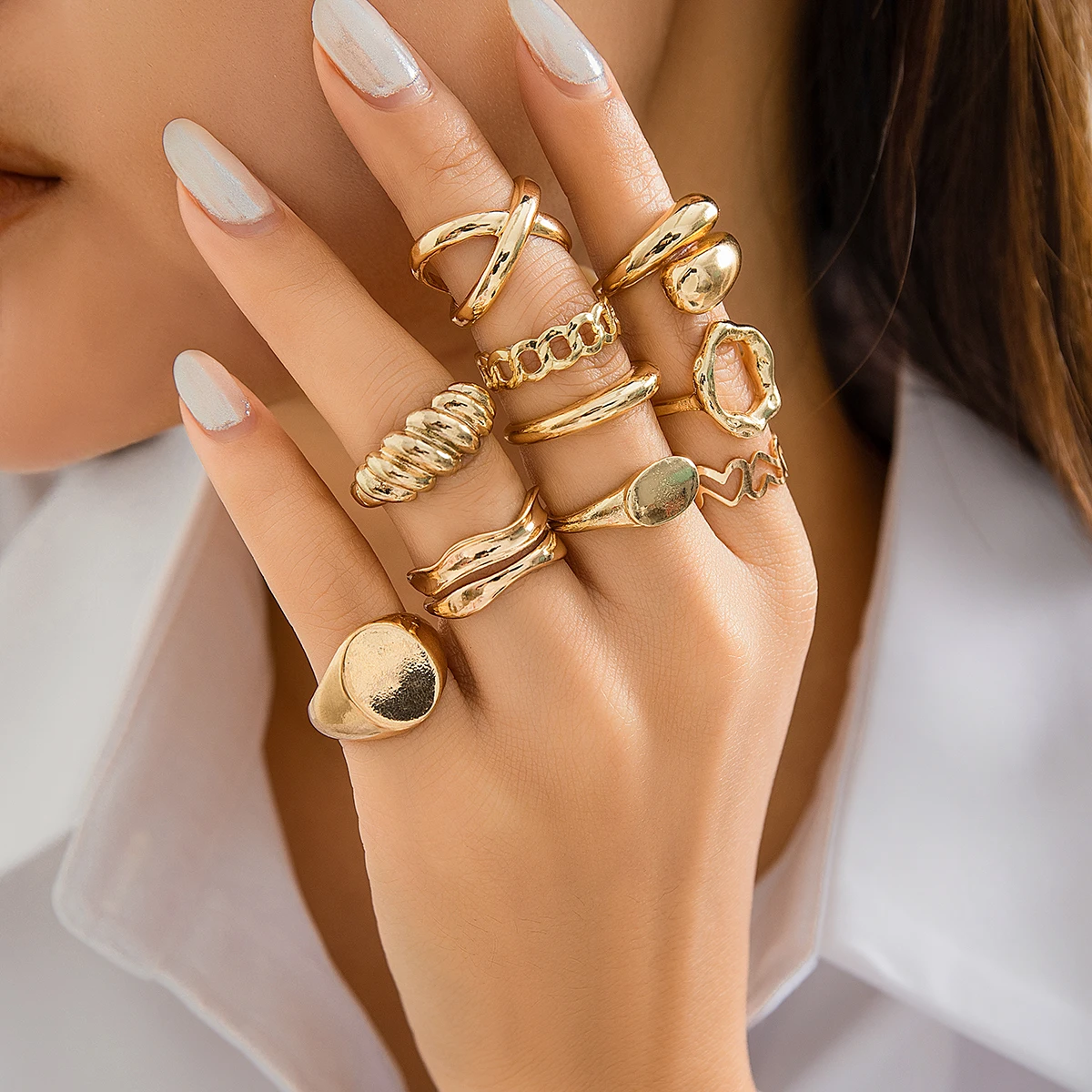 New Light Luxury Design Ins Style Open Ring Set 10pcs European American Minimalist Crossborder Finger Rings Jewelry