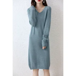 Hot Sale 100% Pure Wool Knitted Sweater Women Dress Winter/ Autumn V-Neck Female Dresses Long Style S-XXL Pullovers Girl Clothes