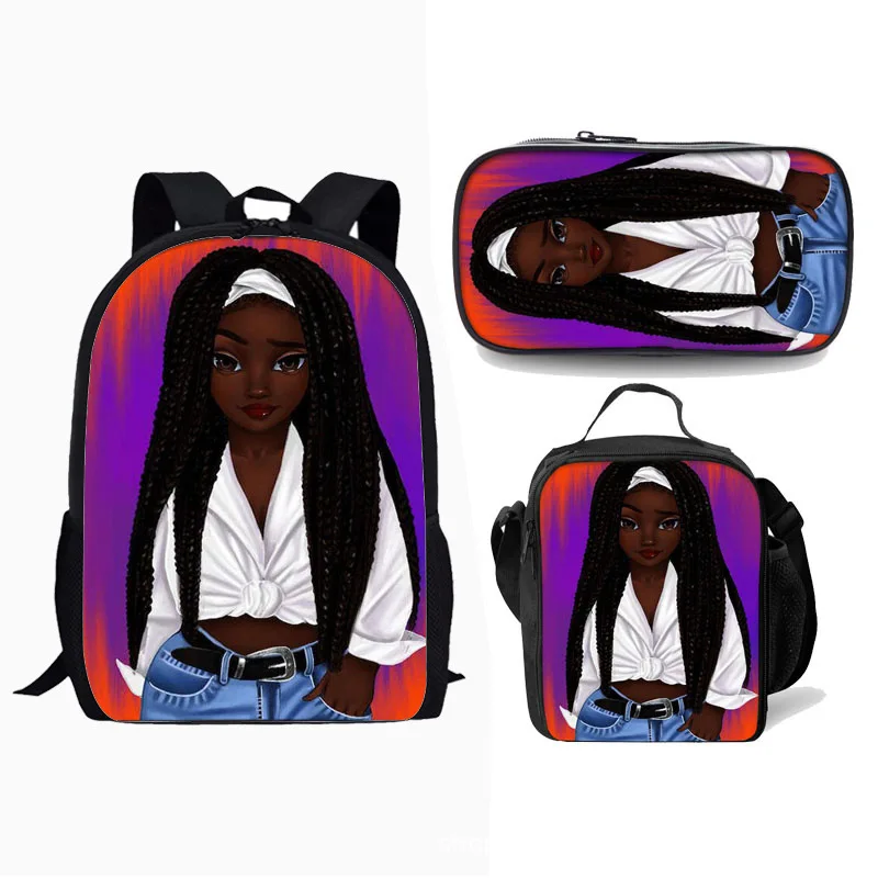 3D Print Black Girl School Bag, mochila para alunos, mochila para laptop, lancheira, estojo de lápis, novidade clássica, menina africana, 3 peças por conjunto