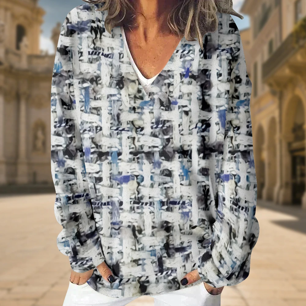 

Уличная толстовка с современным искусством, женская толстовка с городским узором и v-образным вырезом, удобные повседневные топы большого размера, хипстерская модная одежда