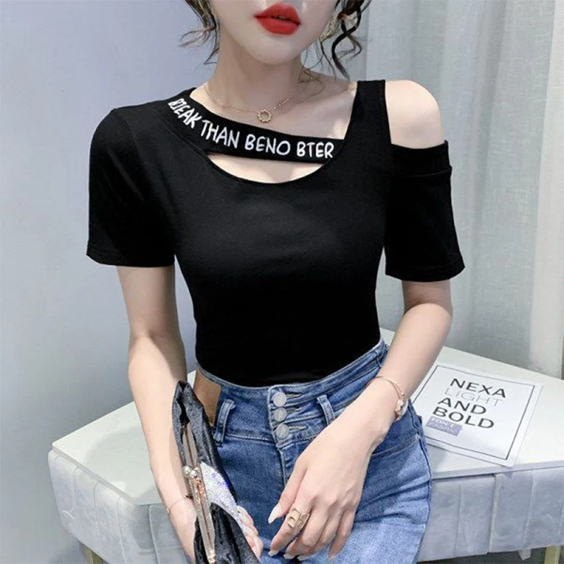 Summer Trend Fashion Letter Printing Hollow Out Diagonal Collar T-shirt Female Short Sleeve Slim Casual Off the Shoulder Tee Top