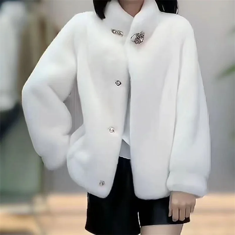 

2025 New Fashion Mom Style Mink Fur Outwear Integrated Short Fur Thickened Stand Up Collar Jacket Imitate Fur Coat Female BROWN
