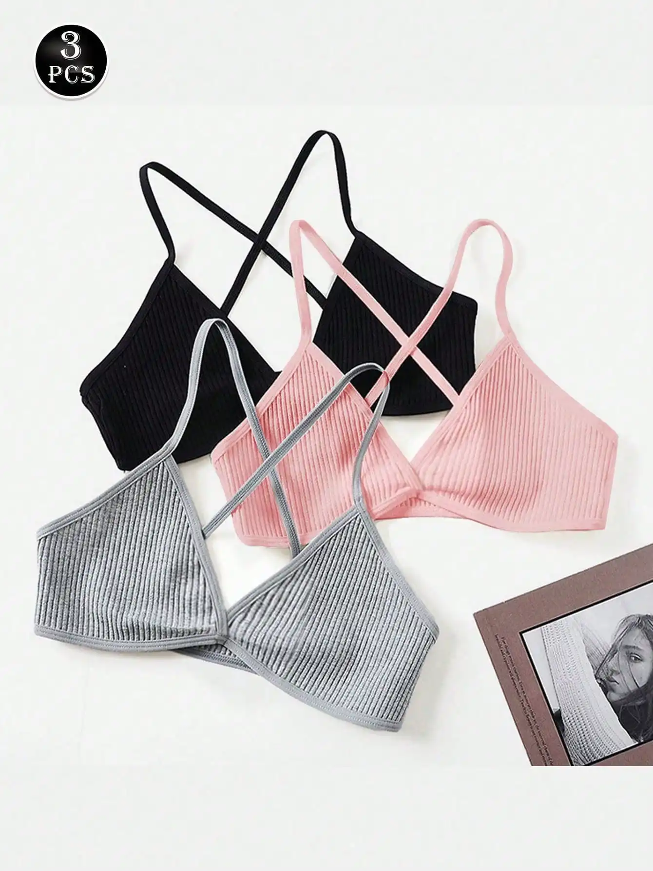 3-teiliges Set Damen Sexy Nahtlose Tube-Tops BH Tiefer V-Ausschnitt Dreieck-Cup Überkreuzter Rücken BH-Weste Bralette Top Damenunterwäsche