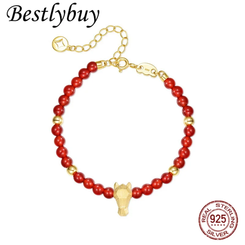 

S925 Sterling Silver Fashionable Handmade Brushed Pony Bracelet For Men And Women Vintage Natural Red Agate Bead Bracelet