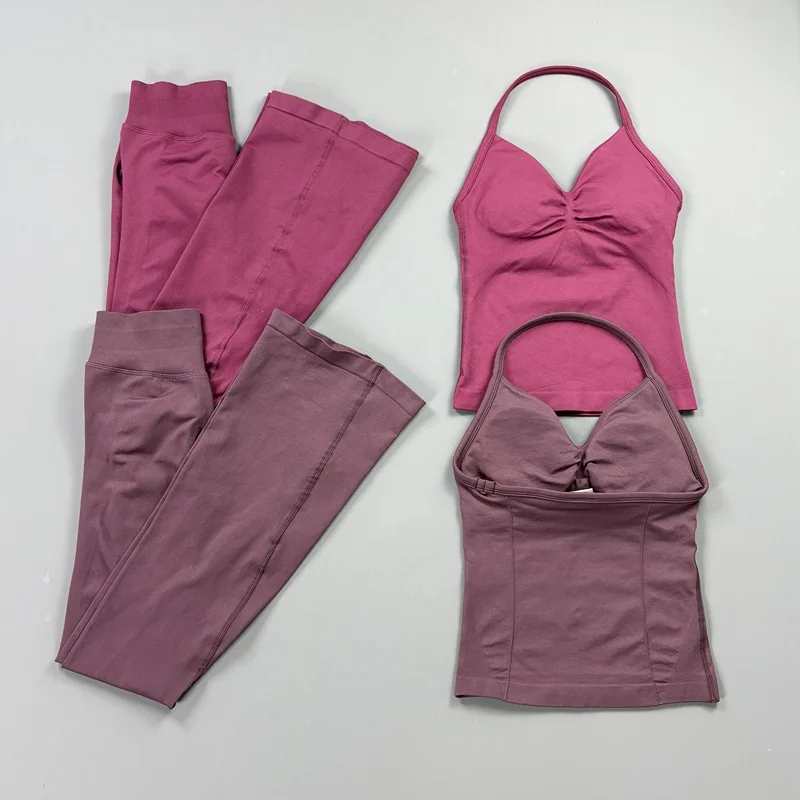 2Pcs Seamless Gym Sports Set Strappy Top Removable Padding Front Ruched Butt Lifting Fitness Workout Flare Leggings Yoga Suit