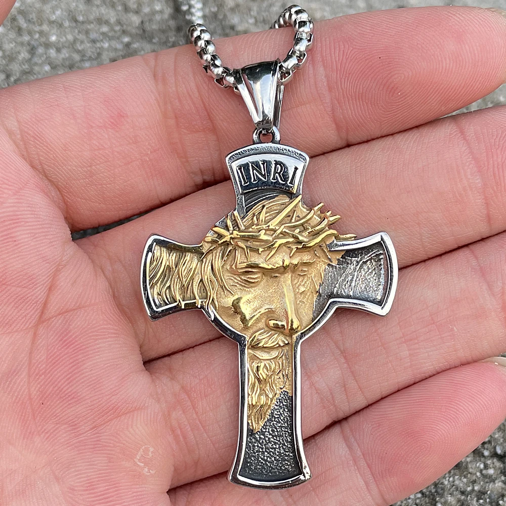 316L Stainless Steel Jesus Face Cross Pendant Necklace Men Boy Vintage Catholic Cross Jesus Necklace Chain Amulet Jewelry Gift