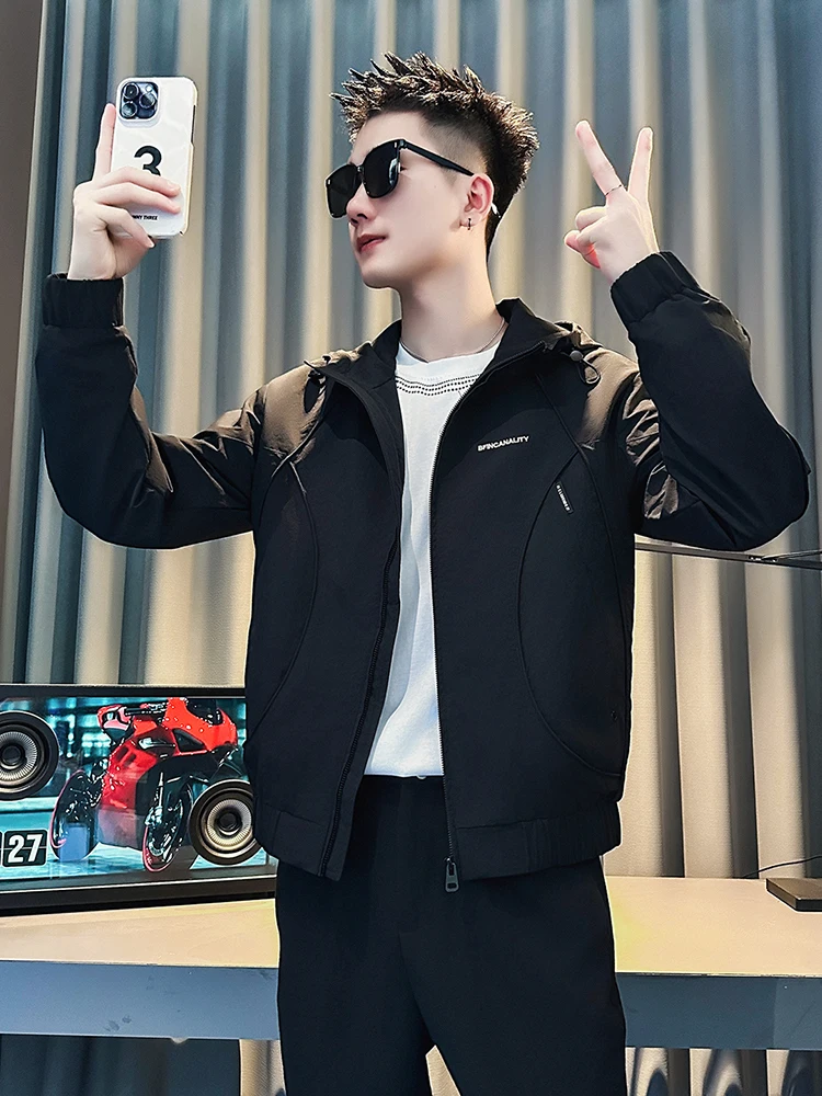 

Ele Embroidered Hooded Jaet Men's Spring Autumn Casual Versatile Polyester Long Sve Zipper Closure Faionable Top