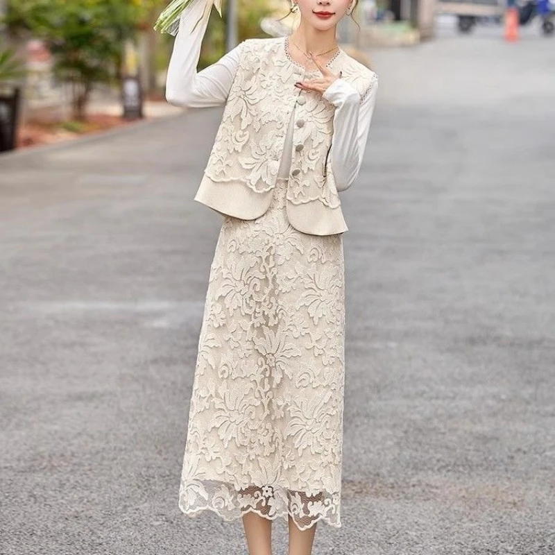 

2 Pieces Set , 2025 Summer Spring New Beige Lace Patchwork Skirt Sets for Women , Woman Elegant Romantic Sleeveless Vest Skirts