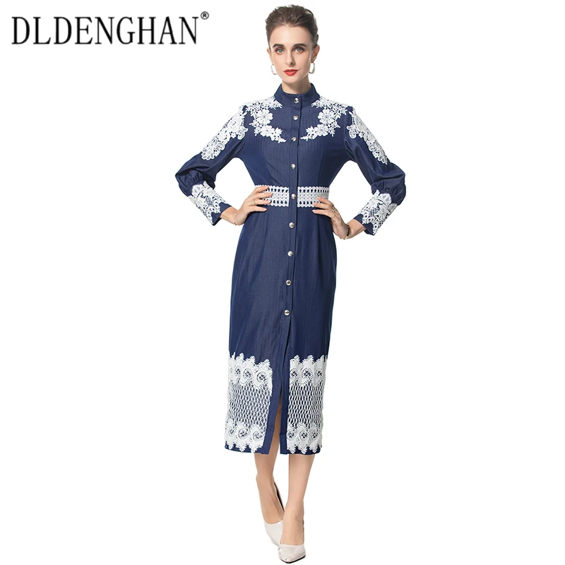 DLDENGHAN otoño vestido de tubo de un solo pecho para mujer cuello alto manga acampanada apliques vestido Vintage moda pasarela nuevo