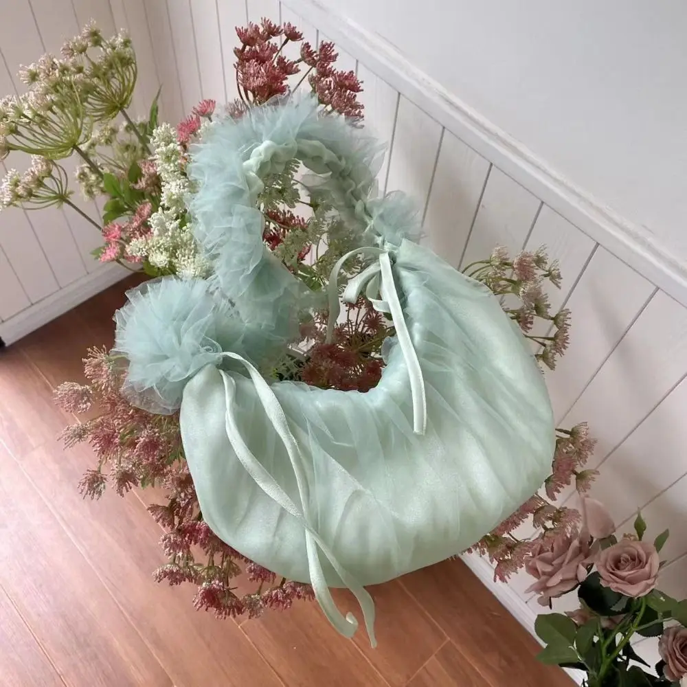 

Drawstring Design Mesh Tote Bag Fresh Solid Colour Lace Dumpling Shape Shoulder Bag Polyester Ruffle Crossbodypackage Make-up