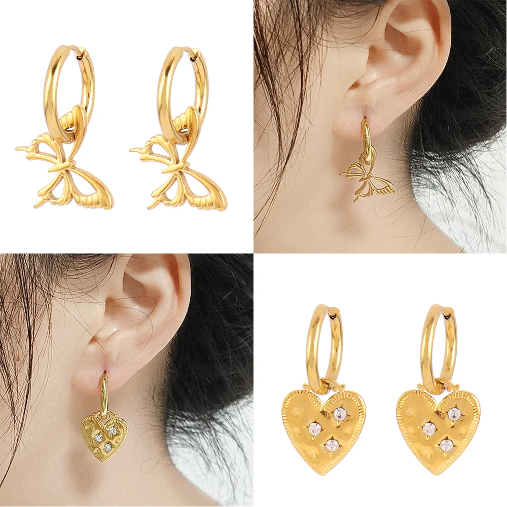 Hoop Earrings Stainless Steel Earring for Women Snake Leopard Animal Earring Butterfly Leaf Heart Pendant Charms Earring Jewelry