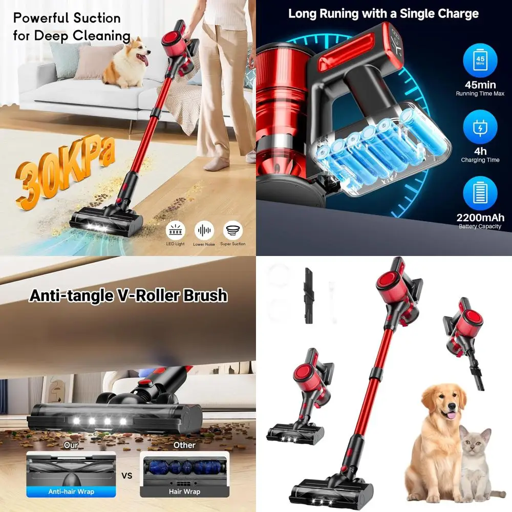Lightweight 8-in-1 Cordless Vacuum Cleaner, 45 Mins Battery, Strong Suction, Anti-Tangle, Ideal for Pet Hair on Hard Floors and