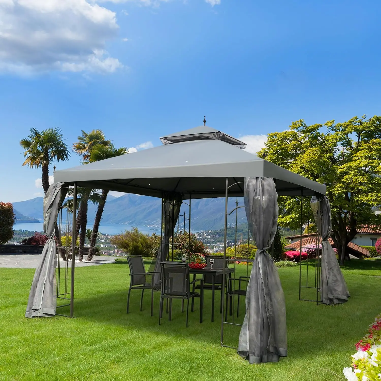 Patio Gazebo with Double Roof and Netting, 10' x 10', Gray
