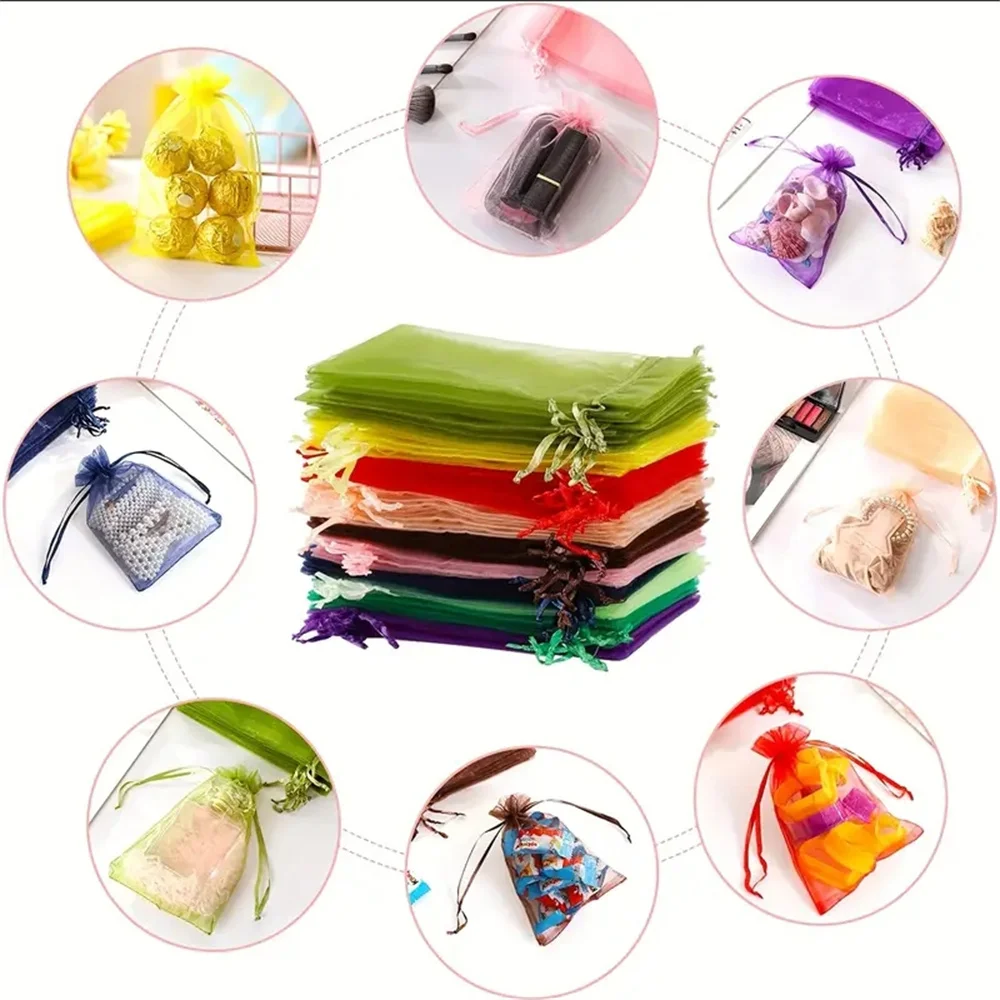 100pcs Pink Organza Drawstring Jewelry Small Bag for Earring Favor Wrapping Packing Pouch Packaging Wedding Businesses Organizer
