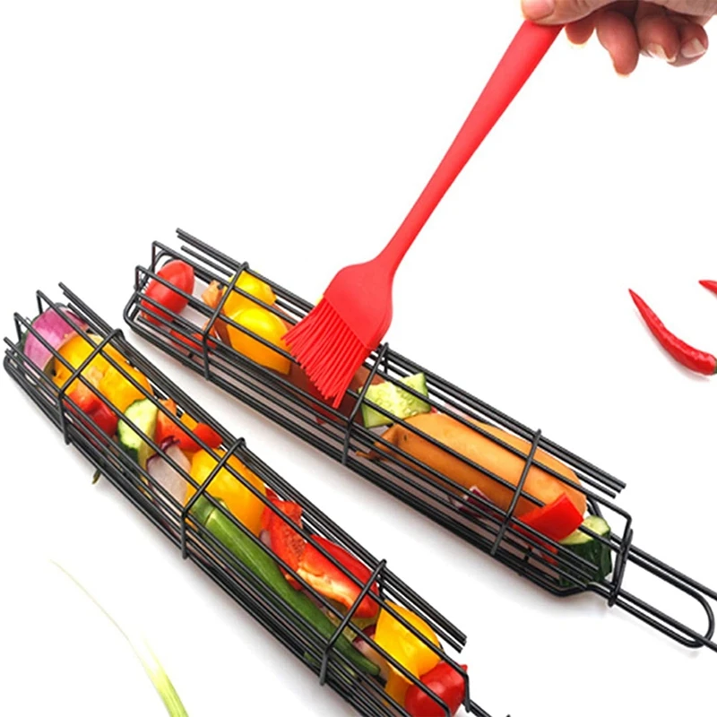 4PCS Hot Dog Barbecue Grill Wooden Handle Sausage Barbecue Cage Non-Stick Barbecue Mesh Clip Sausage Clip