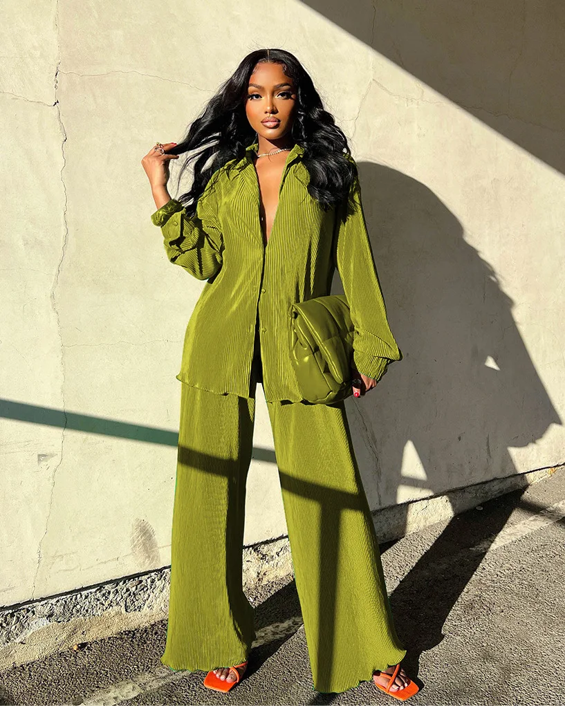 Pleated Solid Women Set Long Sleeve Shirts and Straight Wide Leg Pants Suits Tracksuit Two Piece Set Fitness Outfits