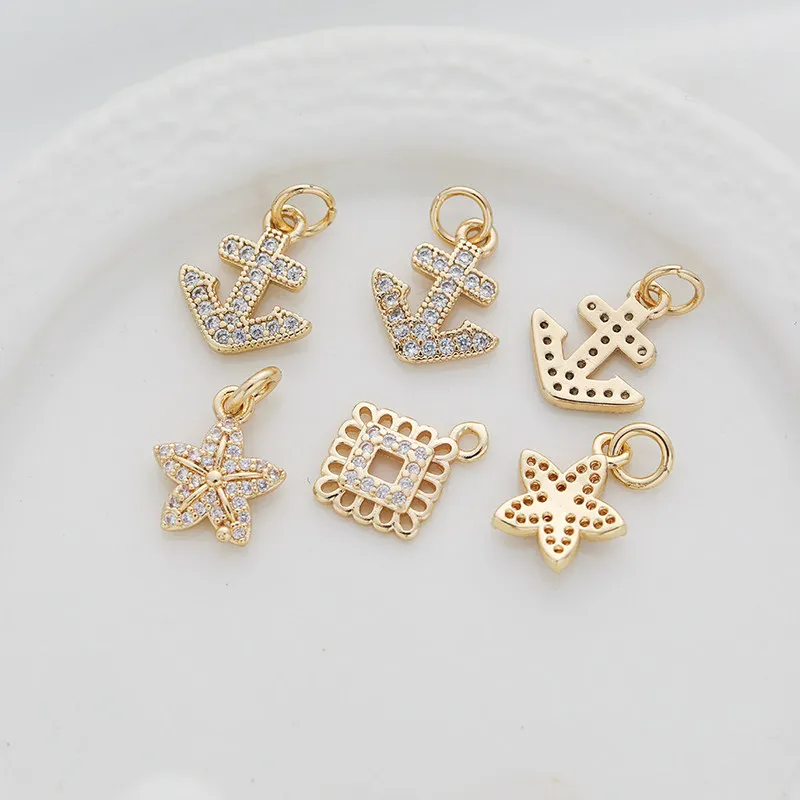 14K Gold Plated Micro Pave CZ Hollow Lace Square Anchor Charms DIY Handmade Jewelry Findings