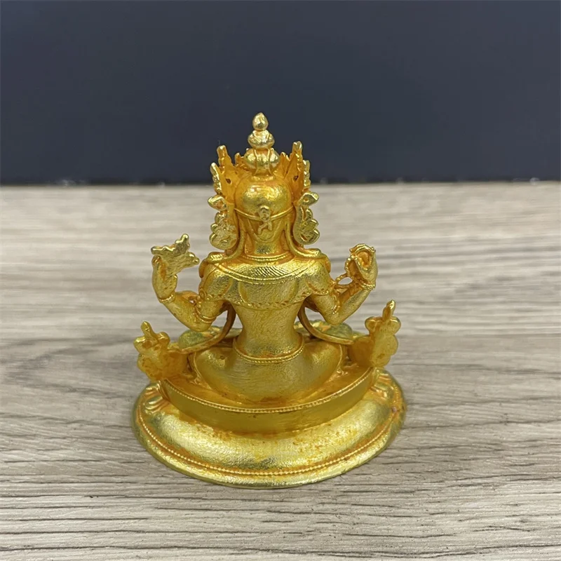 Brass Gilt Tibetan Buddhist Four-armed Guanyin Buddha Statue Living Room Home Garden Decoration Statue Sculpture Desktop Crafts