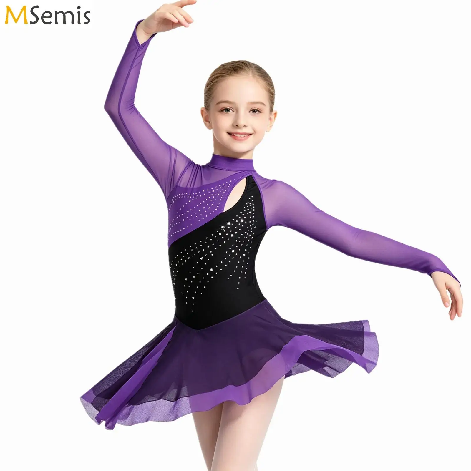 Mädchen Glitzer Gymnastik Eiskunstlauf Auftritts-Kostüm mit Fingerlöchern Ballett-Trikots Lyrisches Zeitgenössisches Tanzkleid