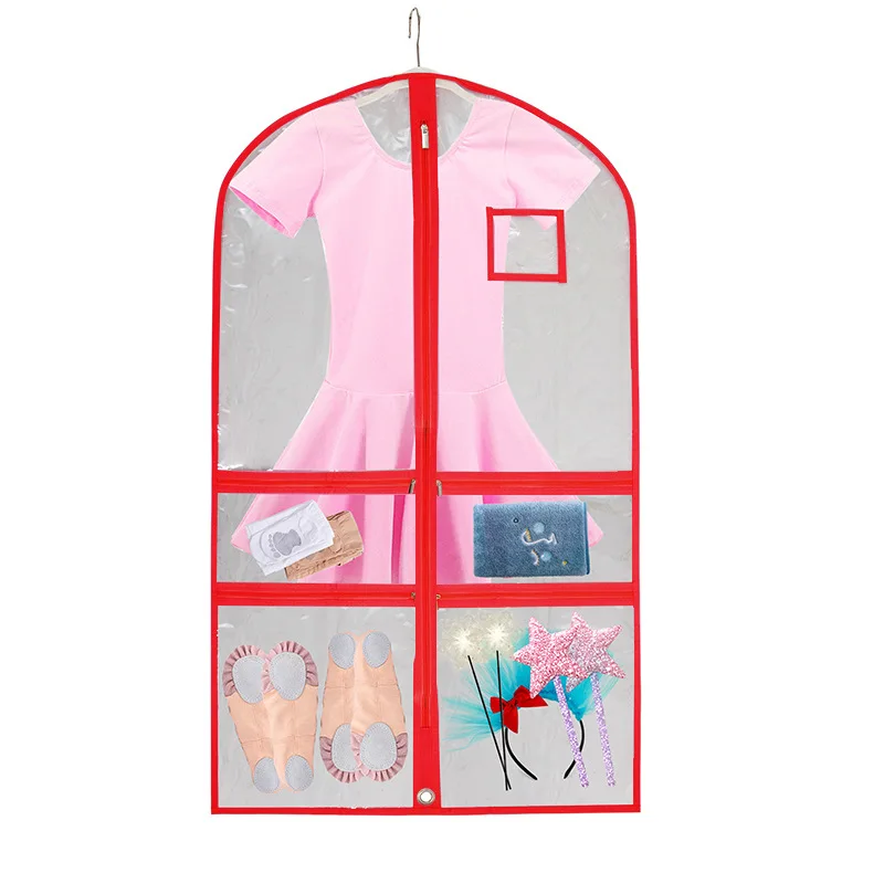 Children's PVC Clothes Dust Cover Waterproof Dance Costume Garment Bag for Dancer Hanging Clothes Dress Storage Bag With Pockets
