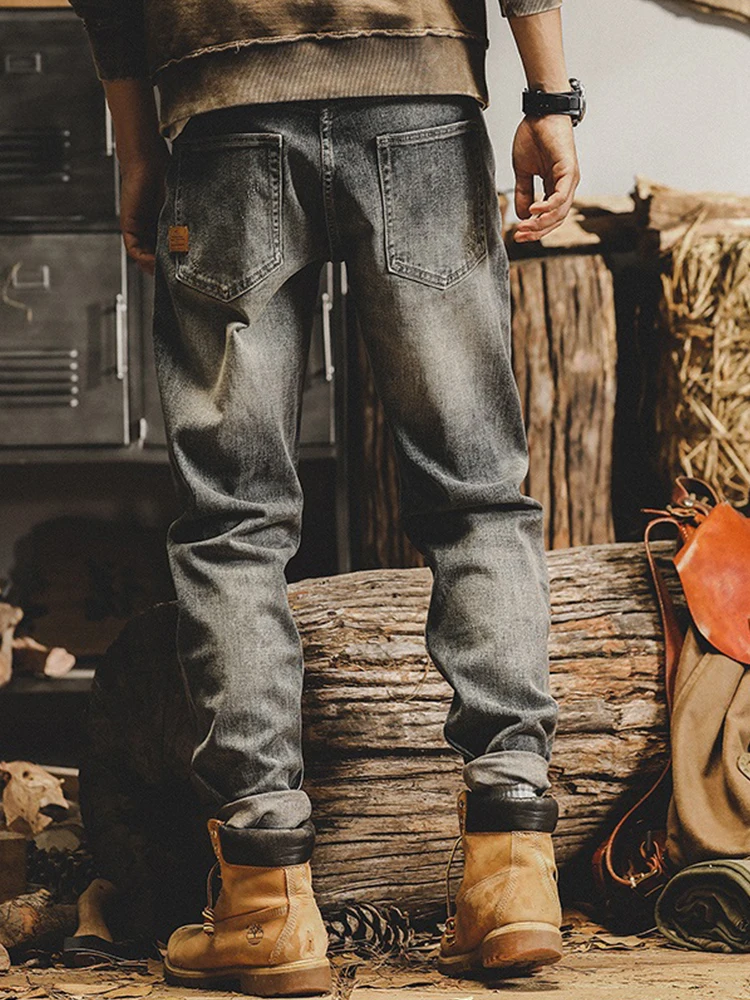 

Retro American Sle Men's Jeans Classic Mud Distred Straight Leg Elastic New Sle Youth Casual mid Waist Zipper Fly