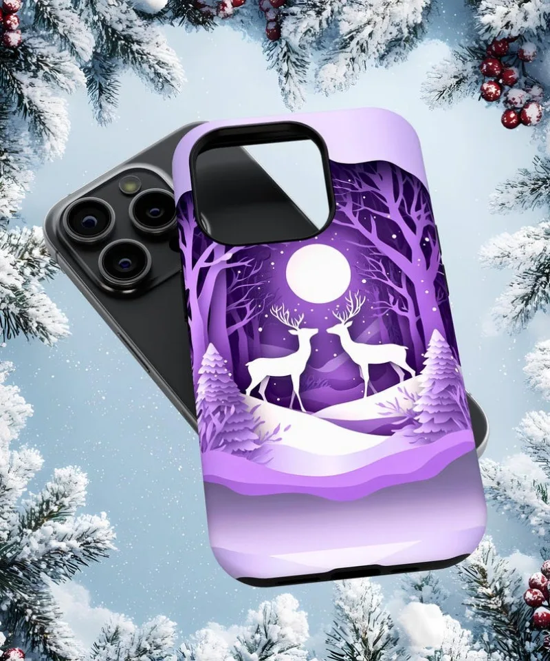 Purple Winter Night Reindeer Phone Case For IPHONE 16 15PRO MAX 14 13 12 11 Acrylic TPU Two in one magnetic Phone Cases