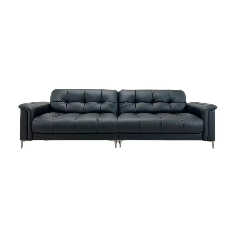

Straight row leather sofa Living room small apartment Straight row black four-person sofa