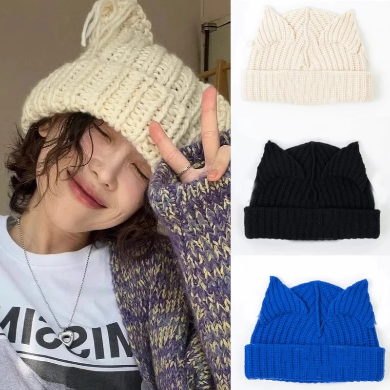 Funny Cat Ear Knitted Wool Hats for Women Hip-hop Design Kpop Hooded Caps Gothic Kawaii Handmade Beanie Personality Bonnet Hat