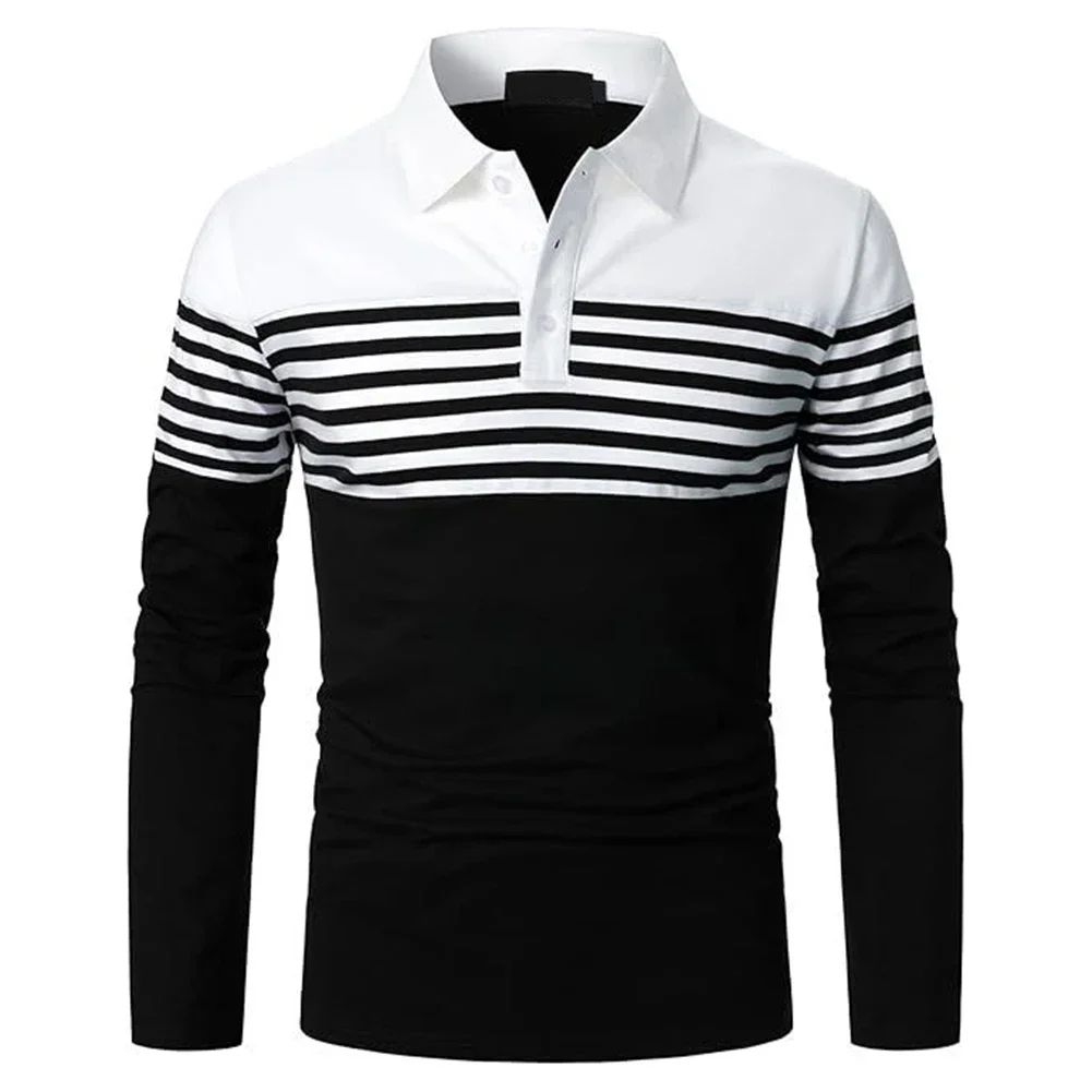 Men Lapel Neck Business Striped Shirt  Casual Long Sleeve Tee Tops  Sport T Shirts  Button Down  Pullovers S 2XL