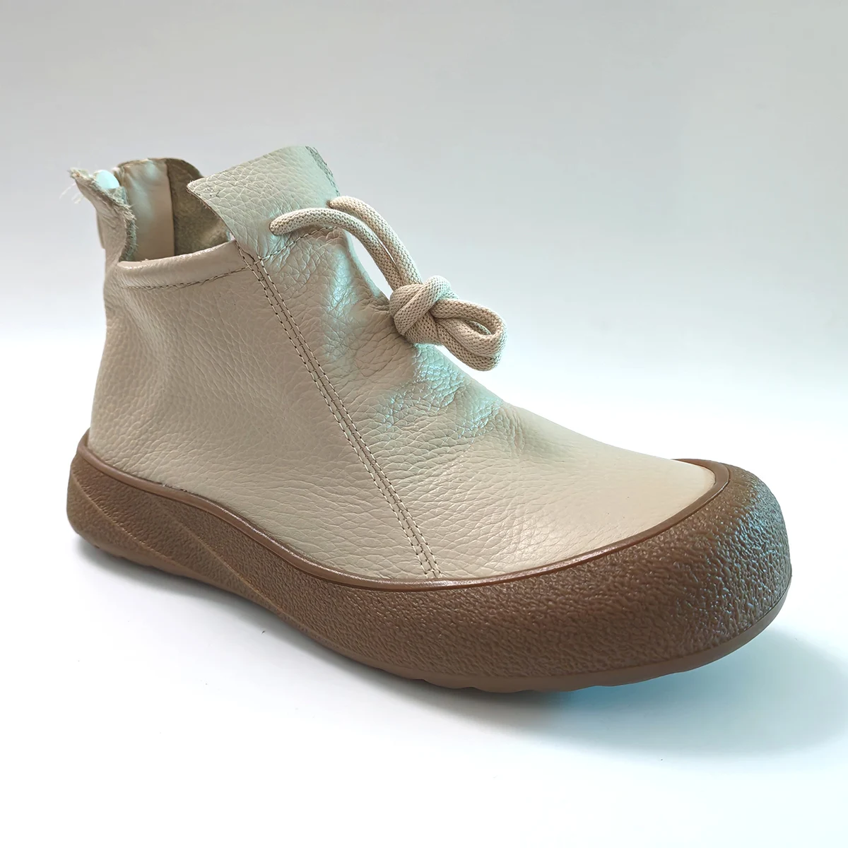 100% Genuine Leather Shoes Women Ankle Boots Cowhide Zip Short Booties Flat Non-slip Casual Soft Elegant Beige Big Size 41 D8940