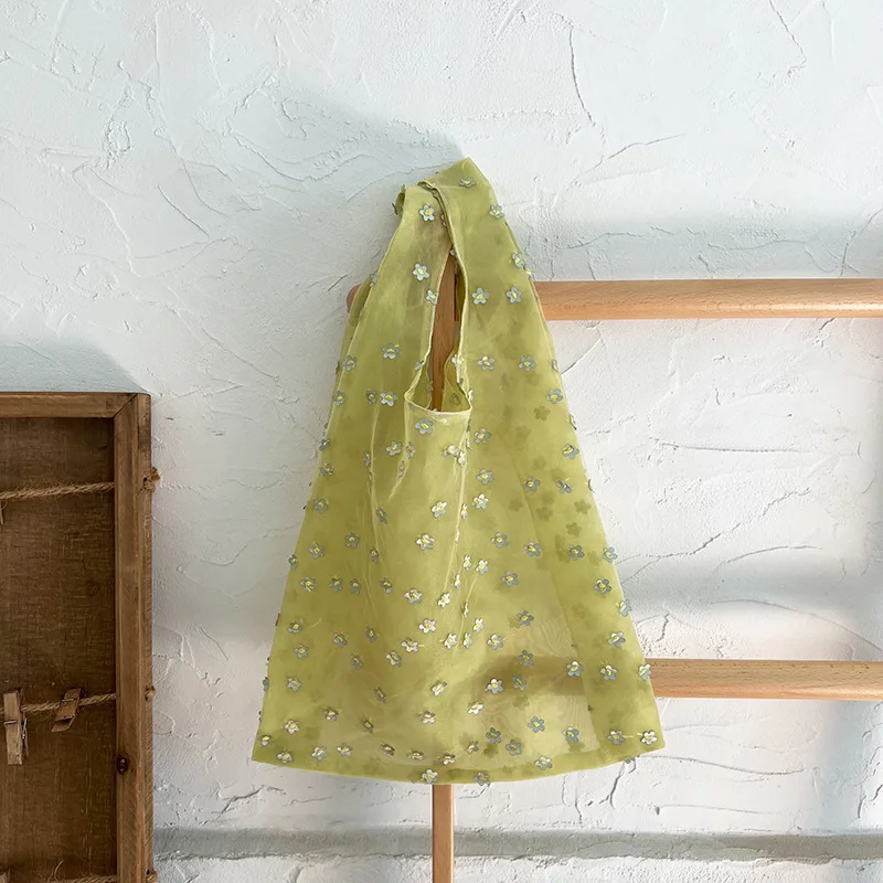 UMI MAO Pickled Vegetable Green Flower Embroidered Mesh Bag Fairy-like Summer Fresh Mesh Handheld Flower Bag Y2K